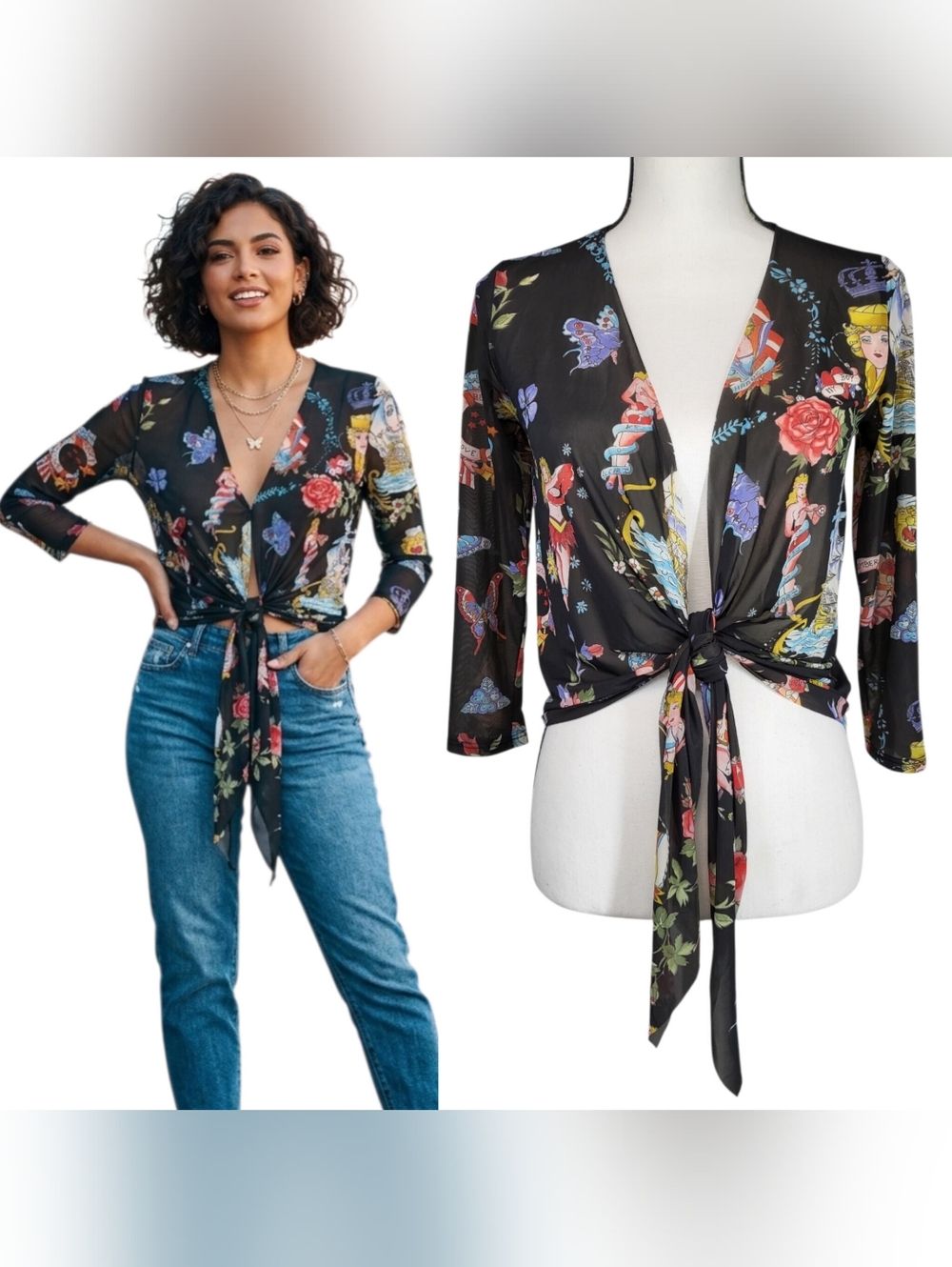 Only Hearts NYC Mesh Tie-Front Top Tattoo Print Pin Up Rockabily Cowboycore M/L